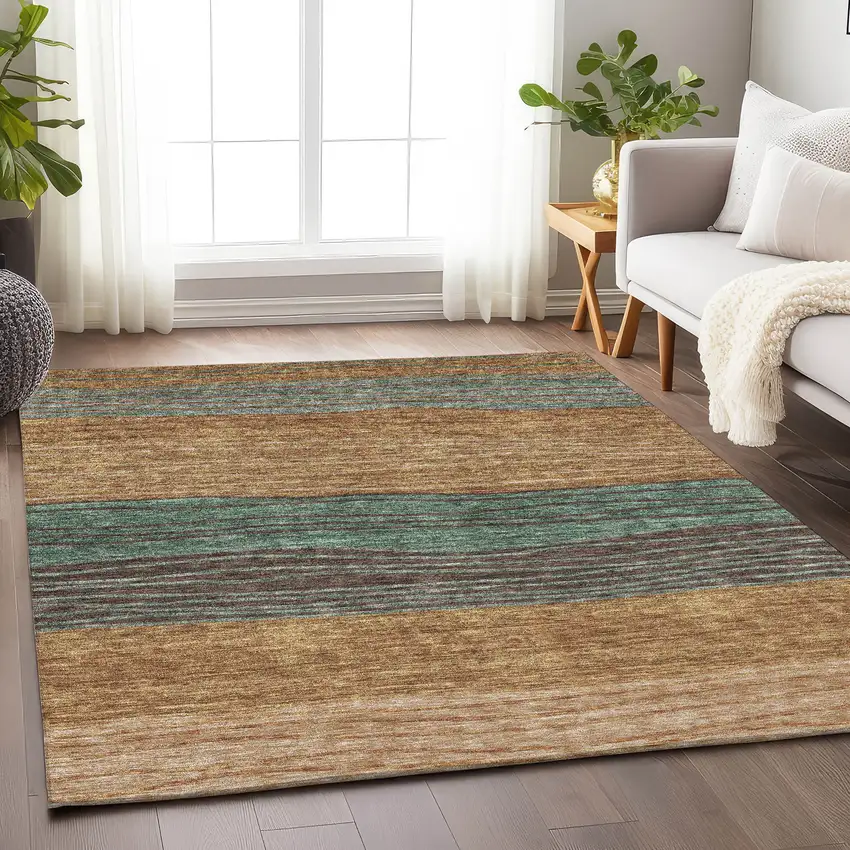 Terra Cotta Gray And Beige Striped Washable Area Rug With UV Protection Photo 3