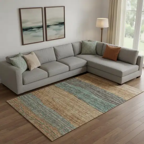 Terra Cotta Gray And Beige Striped Washable Area Rug With UV Protection Photo 1