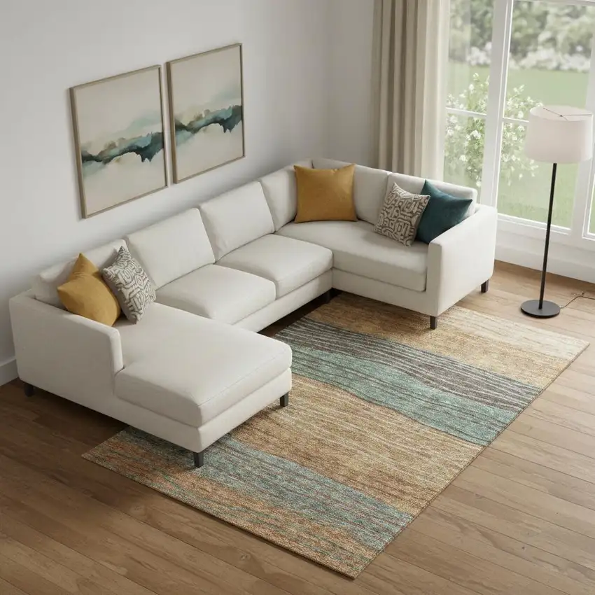 Terra Cotta Gray And Beige Striped Washable Area Rug With UV Protection Photo 1