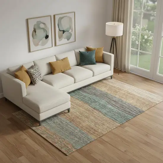 Terra Cotta Gray And Beige Striped Washable Area Rug With UV Protection Photo 1