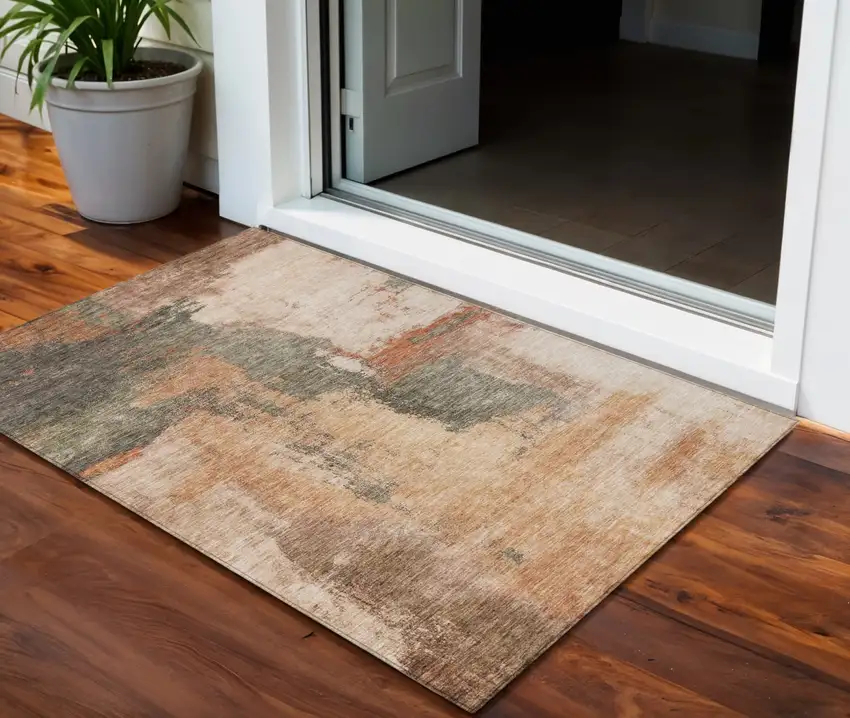 Terra Cotta Gray And Brown Abstract Washable Indoor Outdoor Area Rug Photo 1