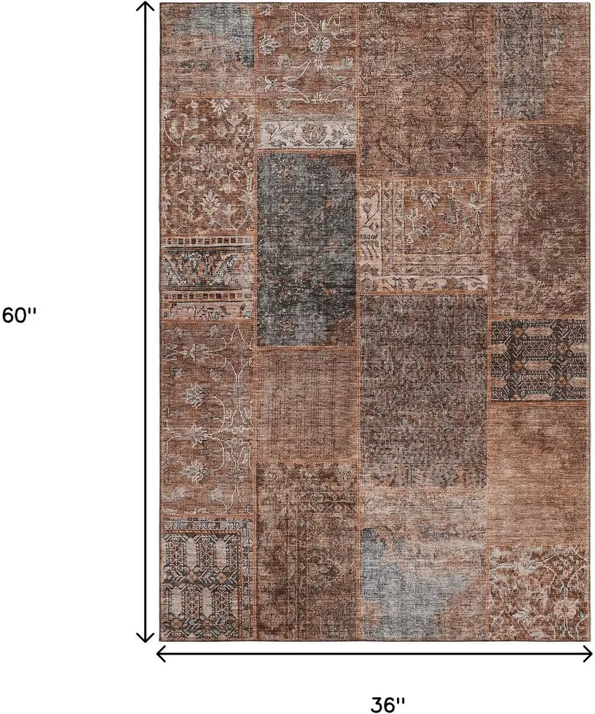 Terra Cotta Gray And Charcoal Patchwork Washable Area Rug With UV Protection Photo 3