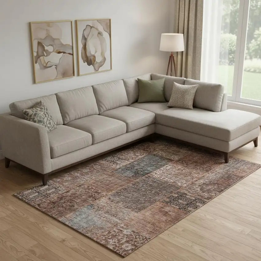 Terra Cotta Gray And Charcoal Patchwork Washable Area Rug With UV Protection Photo 1