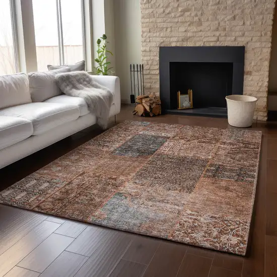 Terra Cotta Gray And Charcoal Patchwork Washable Area Rug With UV Protection Photo 4