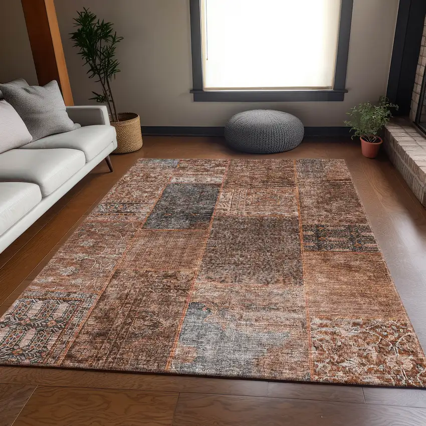 Terra Cotta Gray And Charcoal Patchwork Washable Area Rug With UV Protection Photo 3