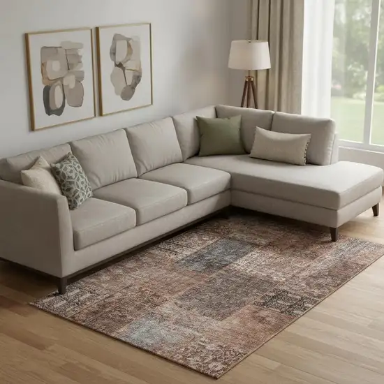 Terra Cotta Gray And Charcoal Patchwork Washable Area Rug With UV Protection Photo 1