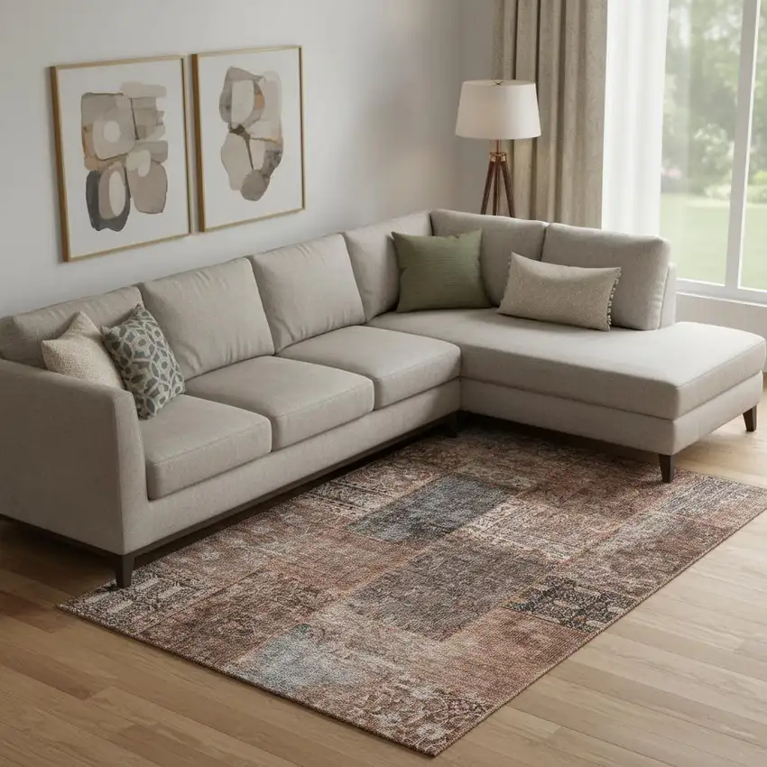 Terra Cotta Gray And Charcoal Patchwork Washable Area Rug With UV Protection Photo 1