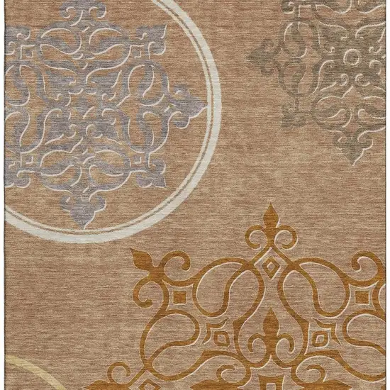 Terra Cotta Gray And Gold Floral Medallion Washable Area Rug With UV Protection Photo 3