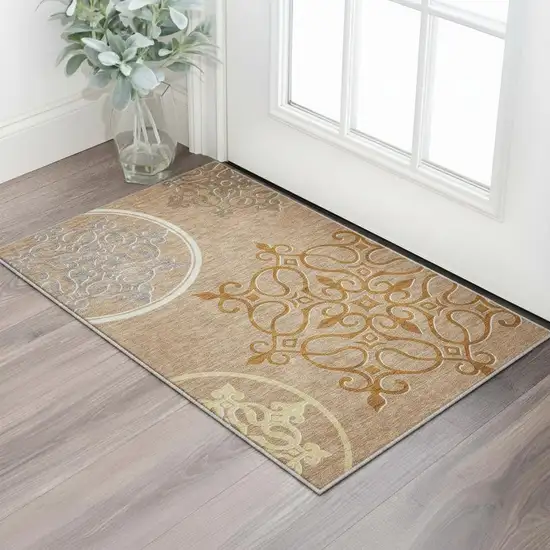 Terra Cotta Gray And Gold Floral Medallion Washable Area Rug With UV Protection Photo 2