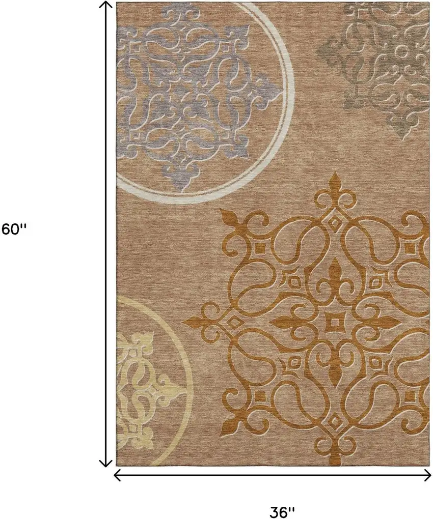 Terra Cotta Gray And Gold Floral Medallion Washable Area Rug With UV Protection Photo 3