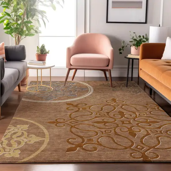 Terra Cotta Gray And Gold Floral Medallion Washable Area Rug With UV Protection Photo 5
