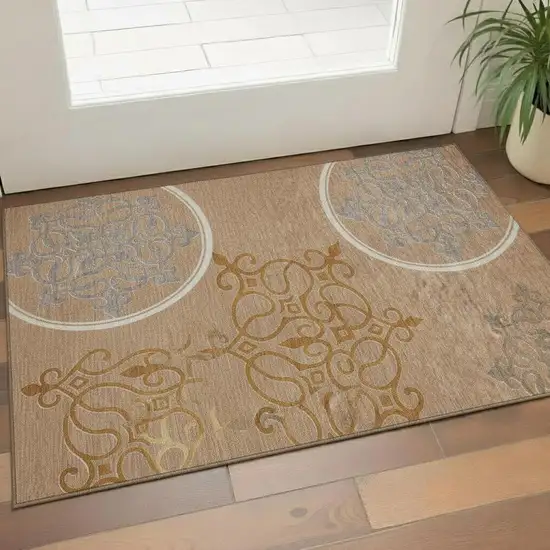 Terra Cotta Gray And Gold Floral Medallion Washable Area Rug With UV Protection Photo 1