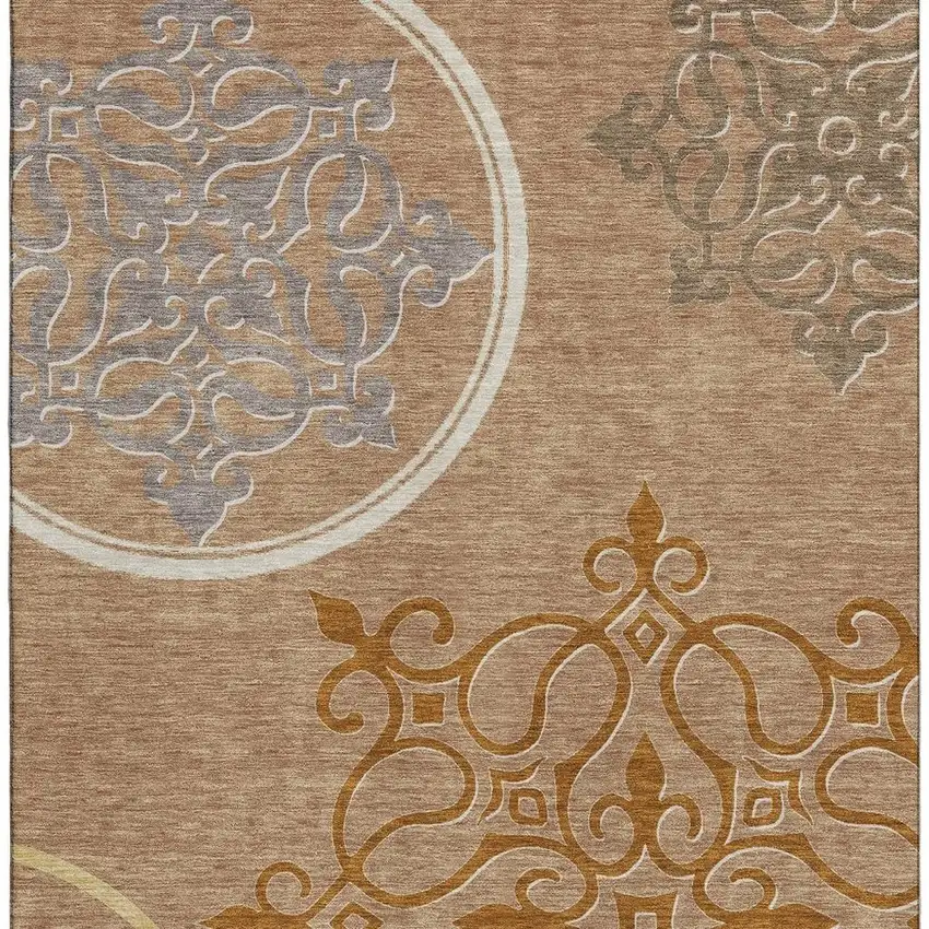 Terra Cotta Gray And Gold Floral Medallion Washable Area Rug With UV Protection Photo 4