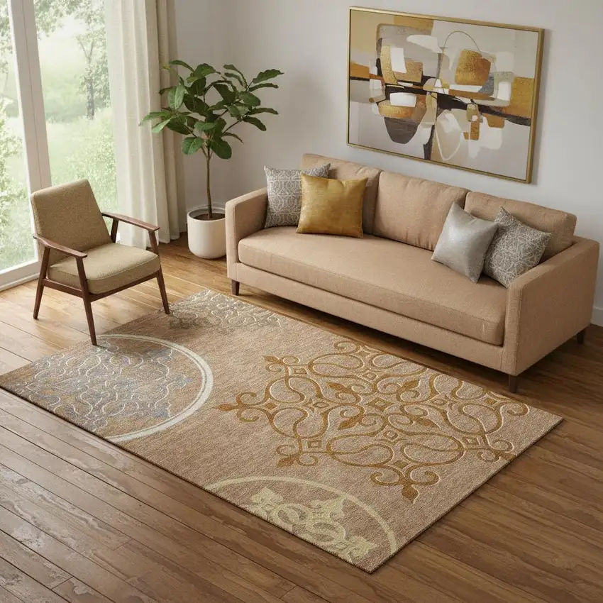 Terra Cotta Gray And Gold Floral Medallion Washable Area Rug With UV Protection Photo 1