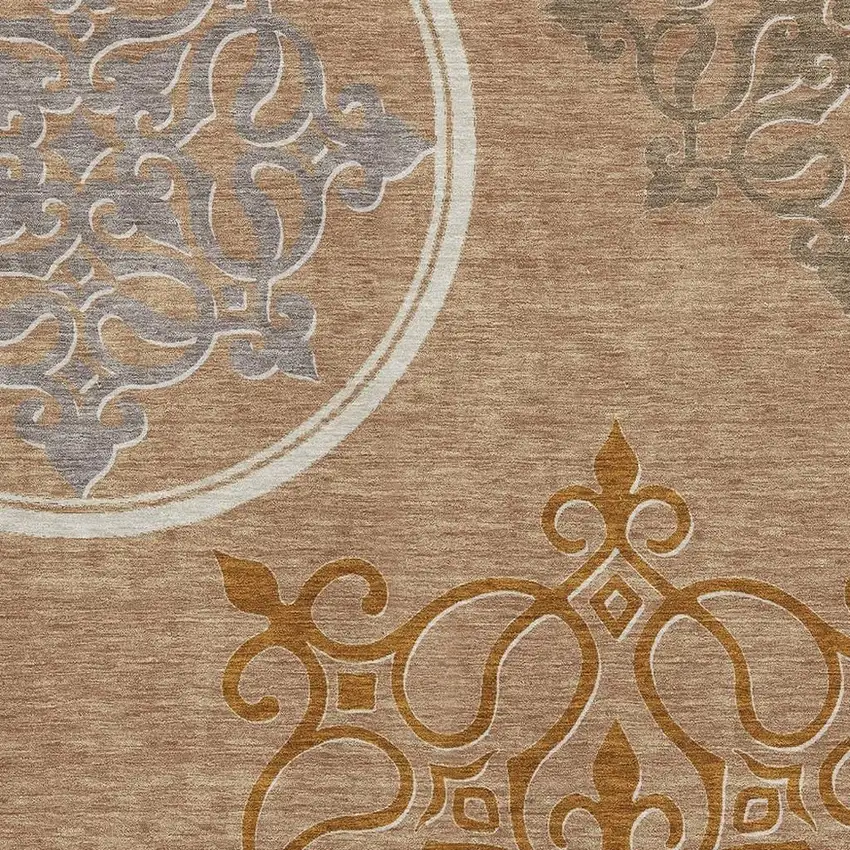 Terra Cotta Gray And Gold Floral Medallion Washable Area Rug With UV Protection Photo 3