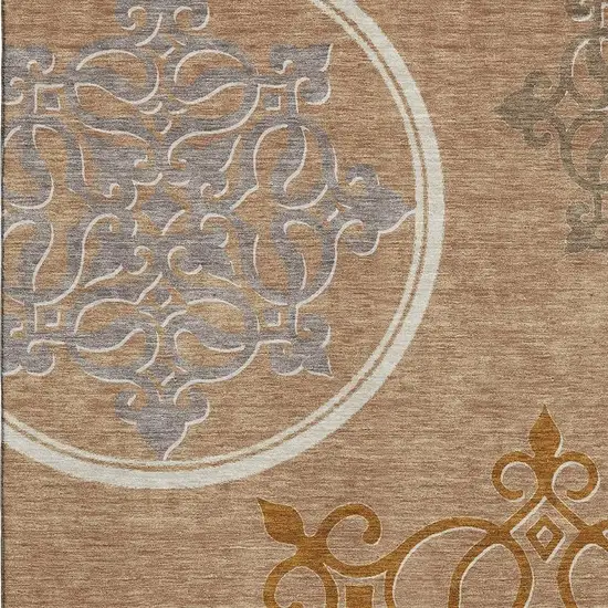 Terra Cotta Gray And Gold Floral Medallion Washable Area Rug With UV Protection Photo 3