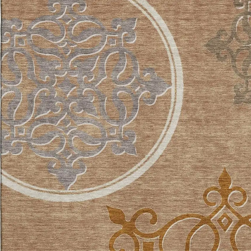 Terra Cotta Gray And Gold Floral Medallion Washable Area Rug With UV Protection Photo 3