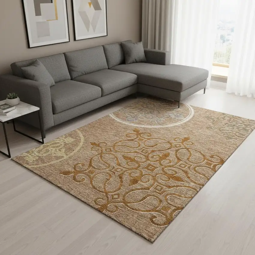 Terra Cotta Gray And Gold Floral Medallion Washable Area Rug With UV Protection Photo 2