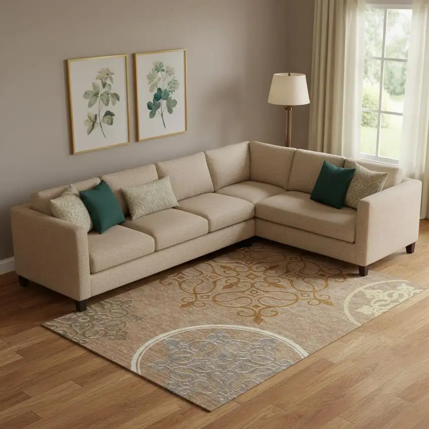 Terra Cotta Gray And Gold Floral Medallion Washable Area Rug With UV Protection Photo 1