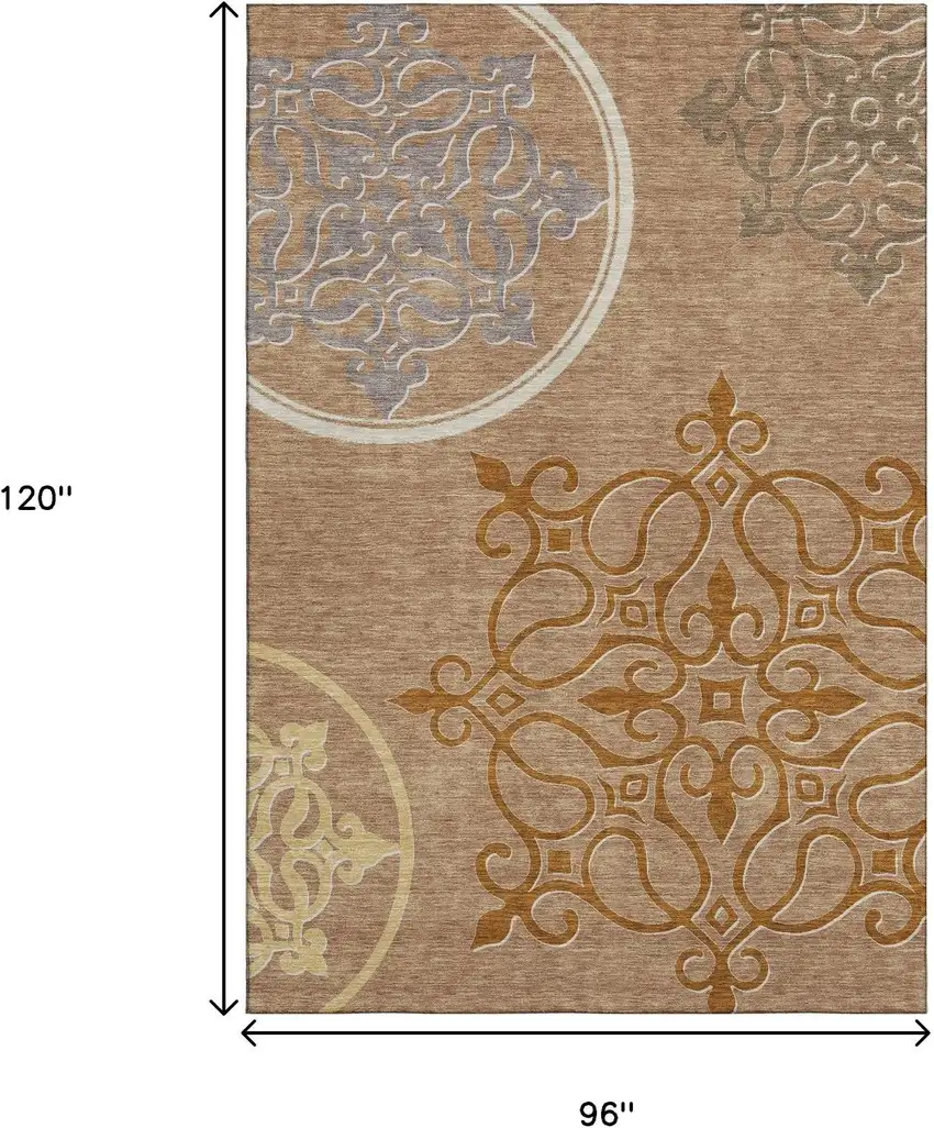 Terra Cotta Gray And Gold Floral Medallion Washable Area Rug With UV Protection Photo 9