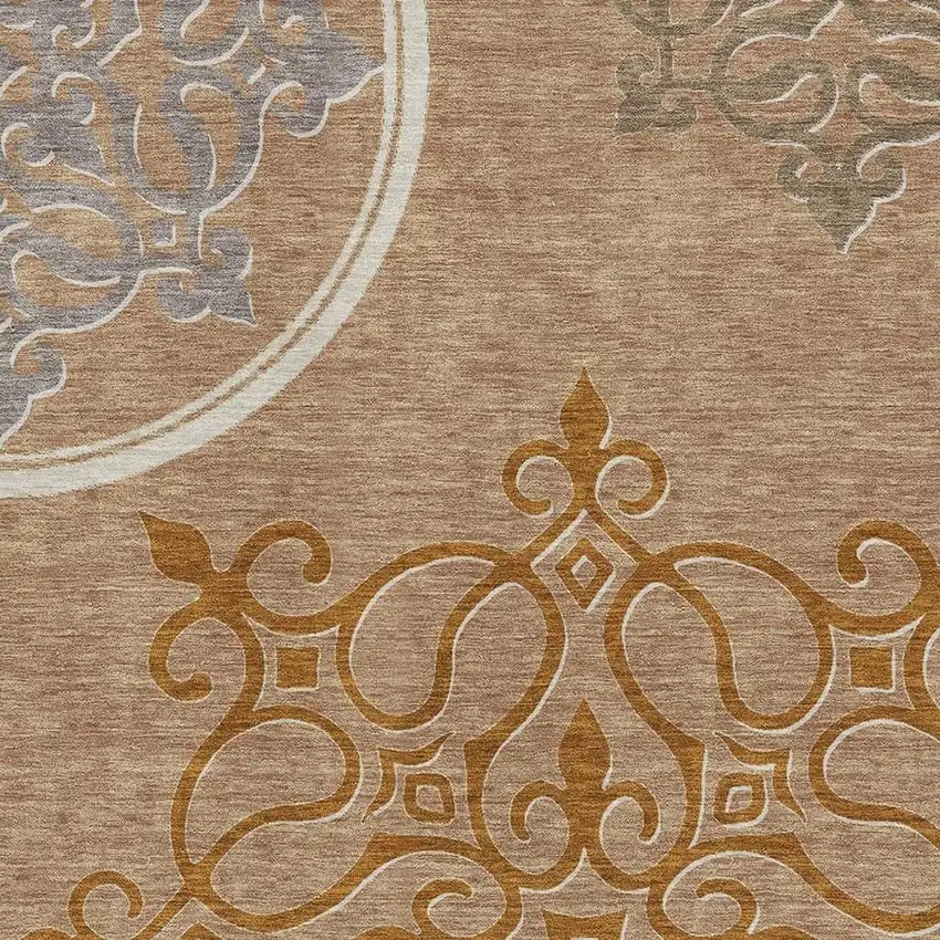 Terra Cotta Gray And Gold Floral Medallion Washable Area Rug With UV Protection Photo 3