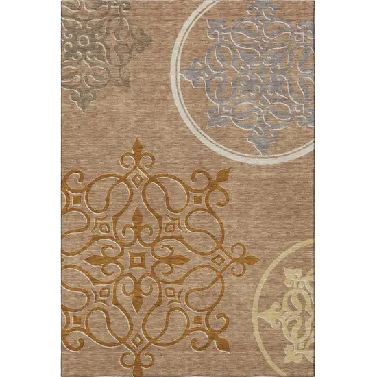 Terra Cotta Gray And Gold Floral Medallion Washable Area Rug With UV Protection Photo 4