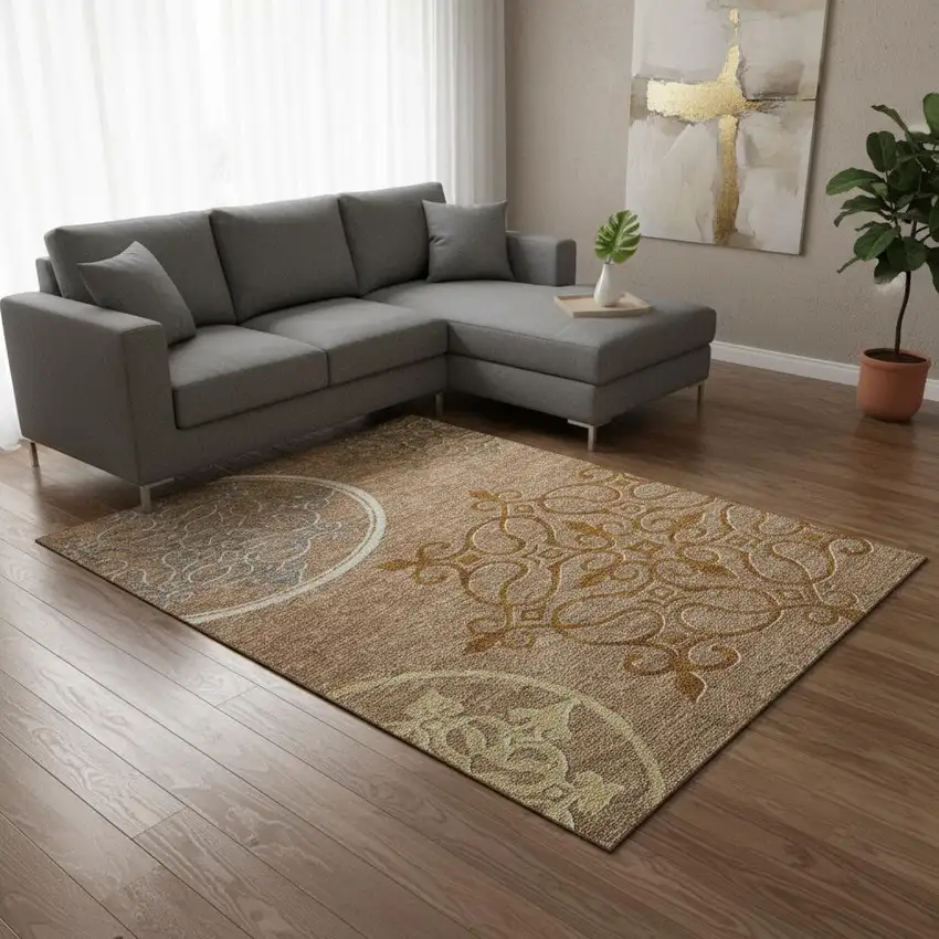 Terra Cotta Gray And Gold Floral Medallion Washable Area Rug With UV Protection Photo 2