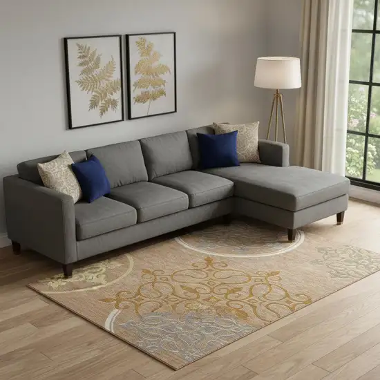 Terra Cotta Gray And Gold Floral Medallion Washable Area Rug With UV Protection Photo 1