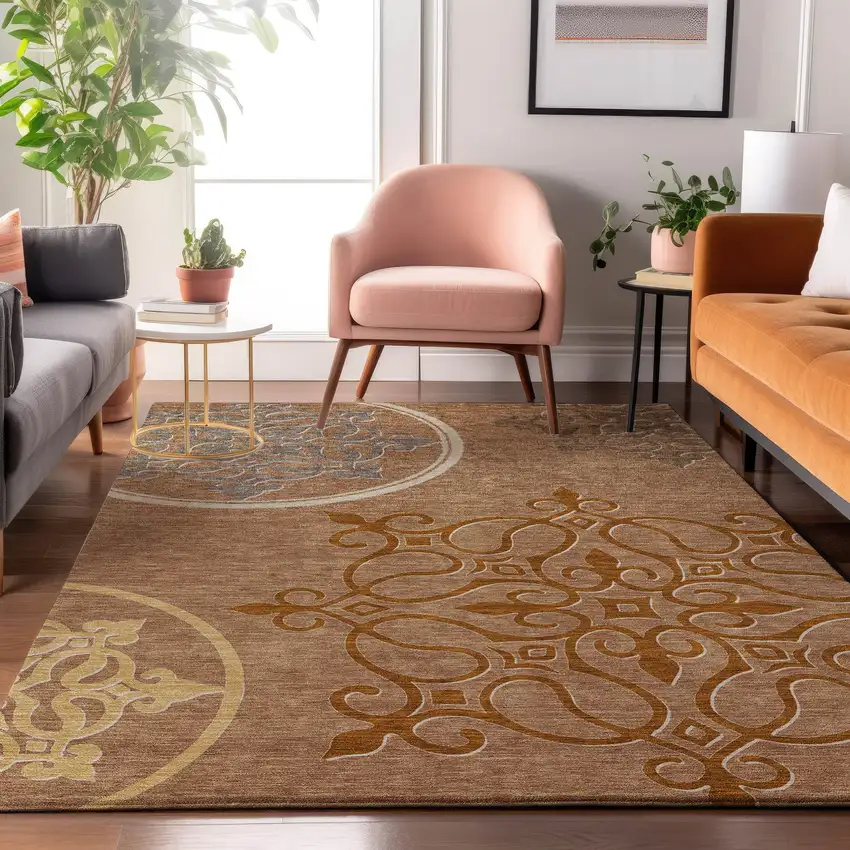 Terra Cotta Gray And Gold Floral Medallion Washable Area Rug With UV Protection Photo 5