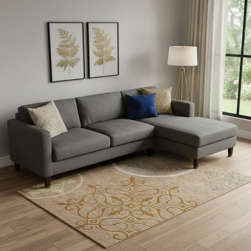 Terra Cotta Gray And Gold Floral Medallion Washable Area Rug With UV Protection Photo 1