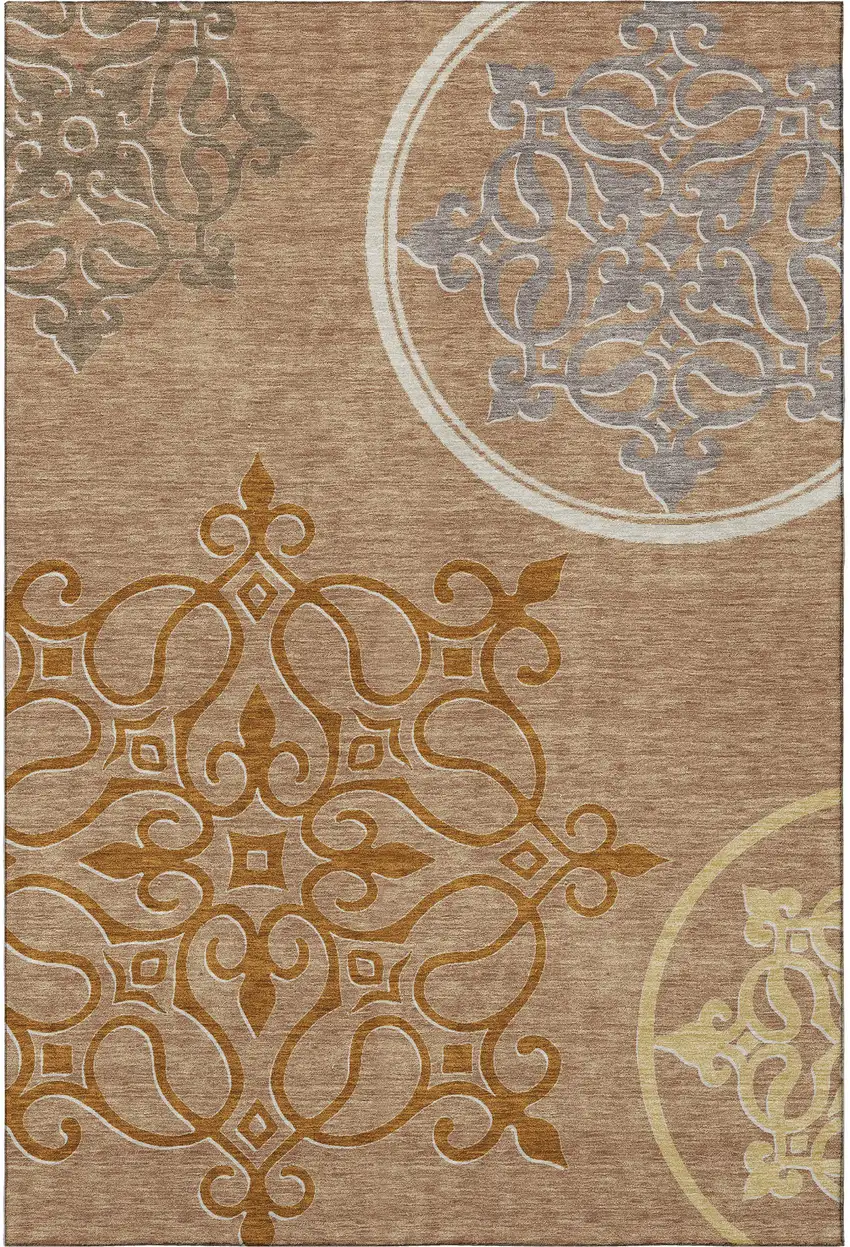 Terra Cotta Gray And Gold Floral Medallion Washable Area Rug With UV Protection Photo 3