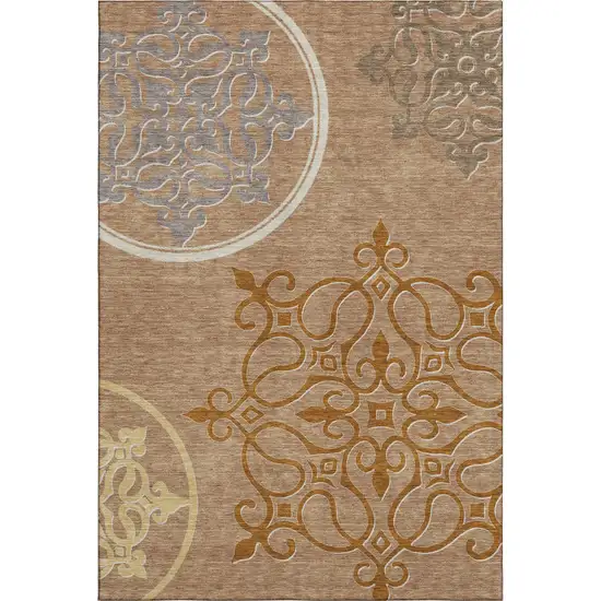 Terra Cotta Gray And Gold Floral Medallion Washable Area Rug With UV Protection Photo 1