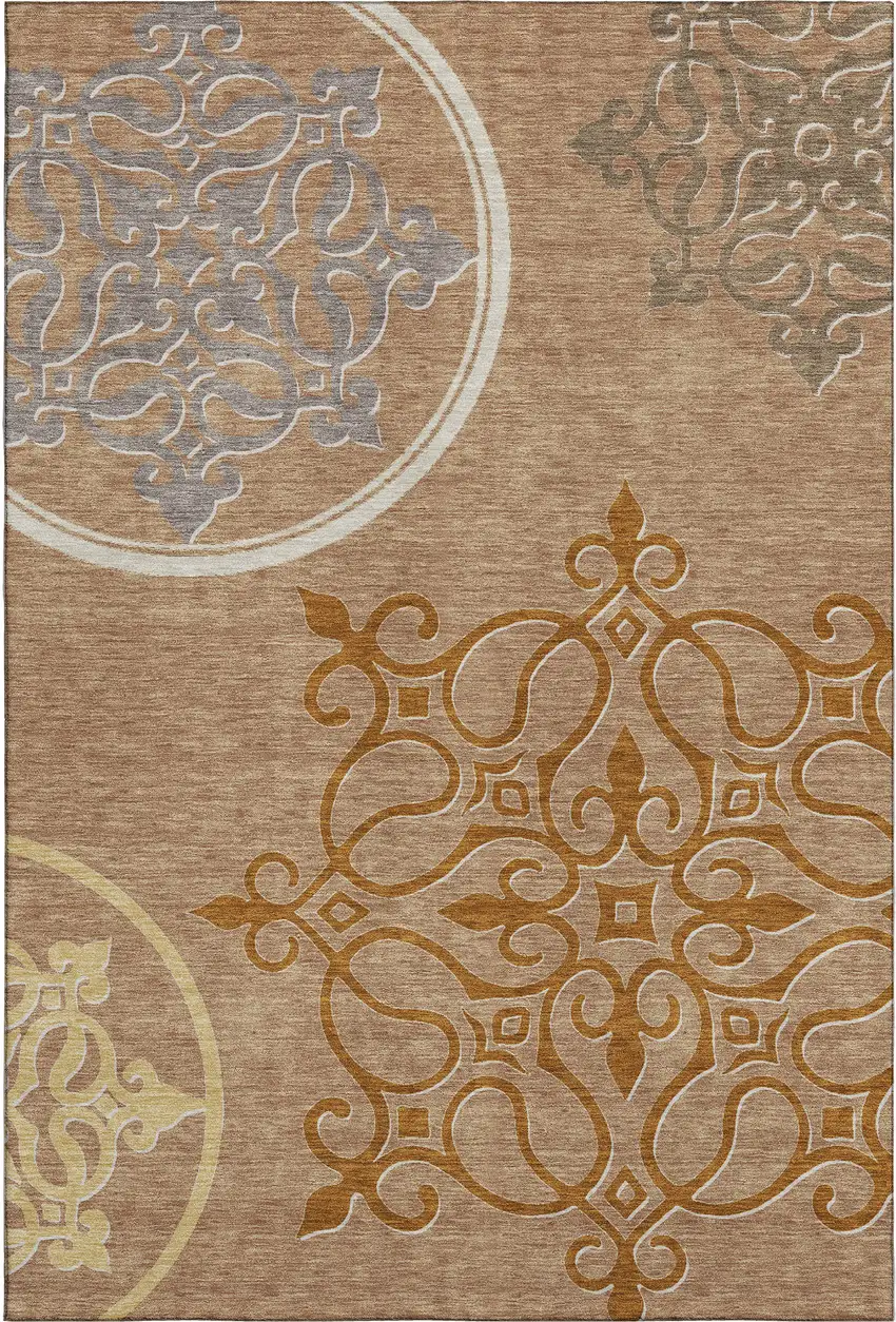 Terra Cotta Gray And Gold Floral Medallion Washable Area Rug With UV Protection Photo 1
