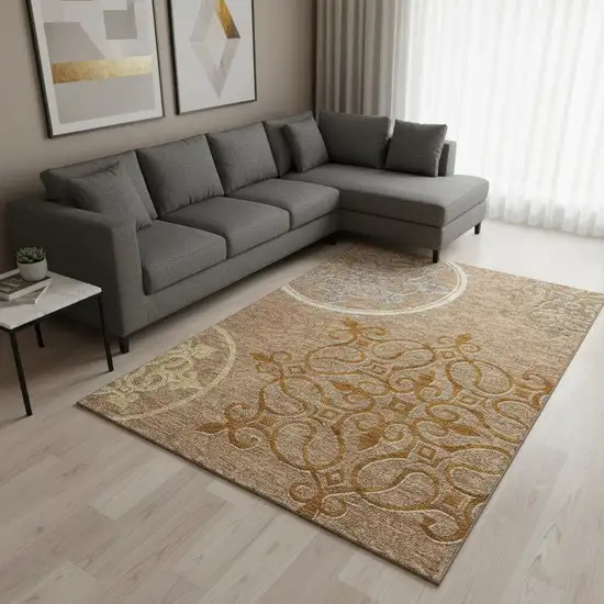 Terra Cotta Gray And Gold Floral Medallion Washable Area Rug With UV Protection Photo 2