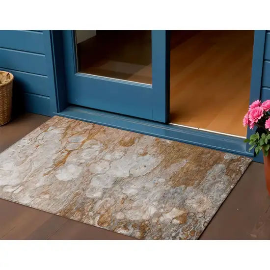 Terra Cotta Gray And Silver Abstract Washable Indoor Outdoor Area Rug Photo 1