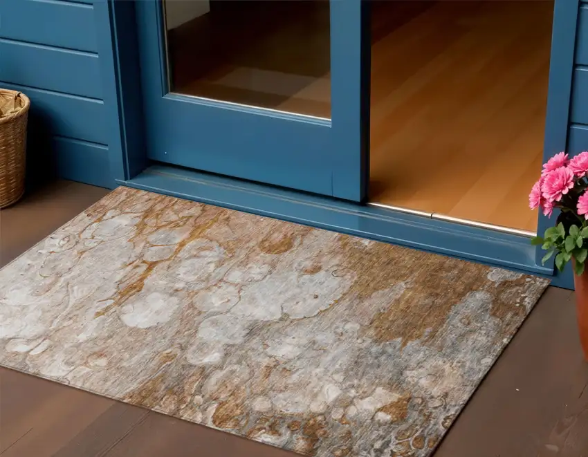 Terra Cotta Gray And Silver Abstract Washable Indoor Outdoor Area Rug Photo 1