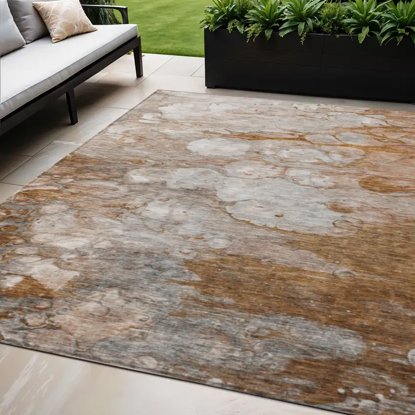 Terra Cotta Gray And Silver Abstract Washable Indoor Outdoor Area Rug Photo 1