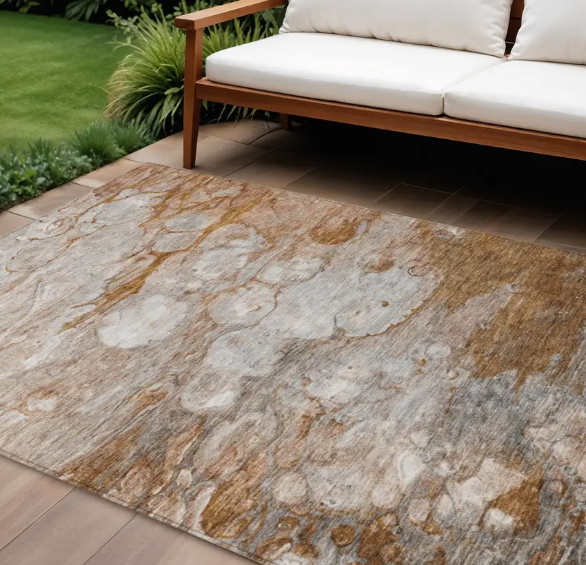 Terra Cotta Gray And Silver Abstract Washable Indoor Outdoor Area Rug Photo 1