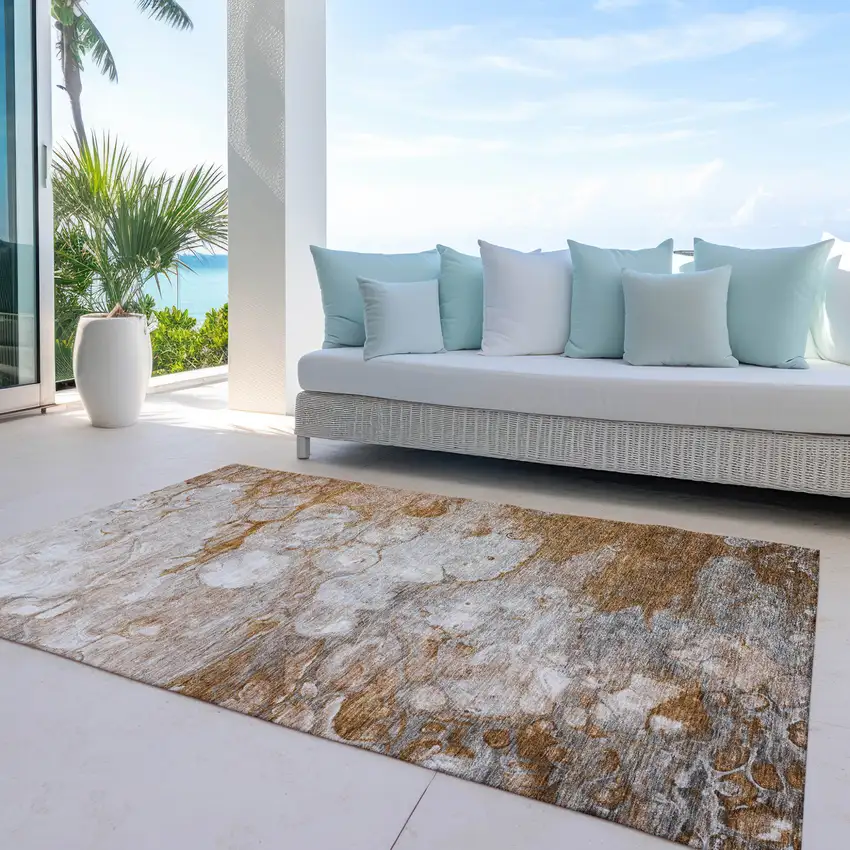 Terra Cotta Gray And Silver Abstract Washable Indoor Outdoor Area Rug Photo 9