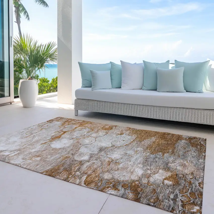 Terra Cotta Gray And Silver Abstract Washable Indoor Outdoor Area Rug Photo 9