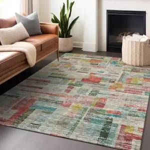 Photo of Terra Cotta Green And Brown Striped Washable Indoor Outdoor Area Rug