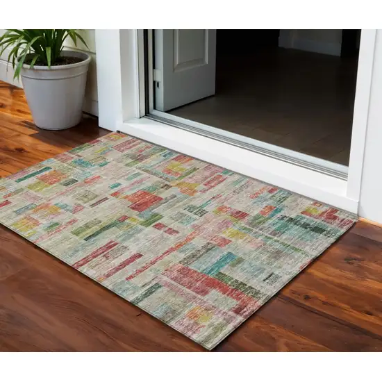 Terra Cotta Green And Brown Striped Washable Indoor Outdoor Area Rug Photo 1
