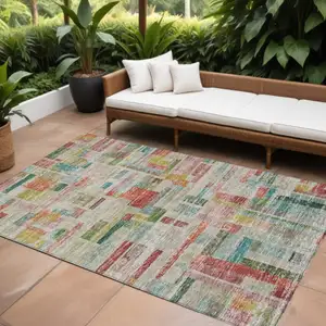 Photo of Terra Cotta Green And Brown Striped Washable Indoor Outdoor Area Rug