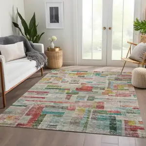 Photo of Terra Cotta Green And Brown Striped Washable Indoor Outdoor Area Rug