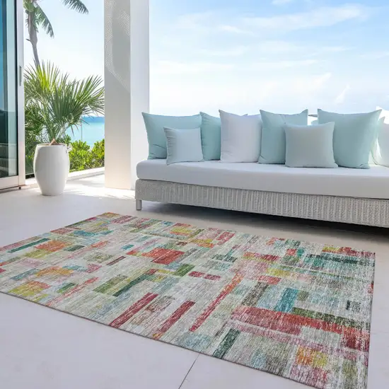 Terra Cotta Green And Brown Striped Washable Indoor Outdoor Area Rug Photo 7