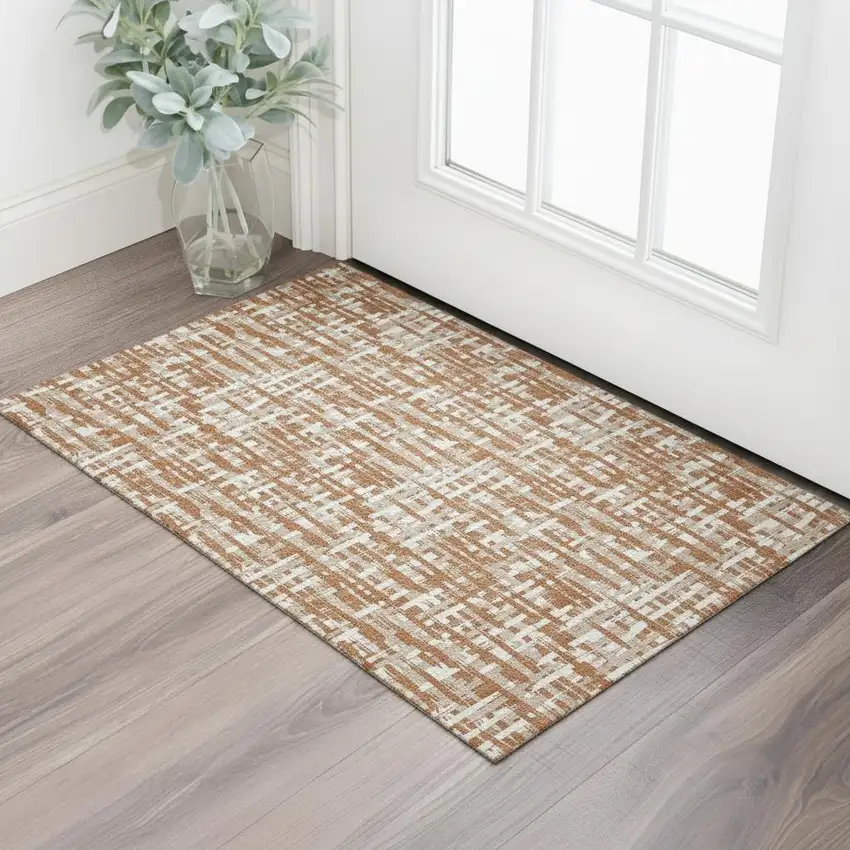 Terra Cotta Ivory And Beige Abstract Geometric Washable Area Rug With UV Protection Photo 2