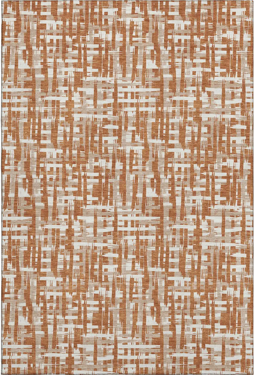Terra Cotta Ivory And Beige Abstract Geometric Washable Area Rug With UV Protection Photo 1