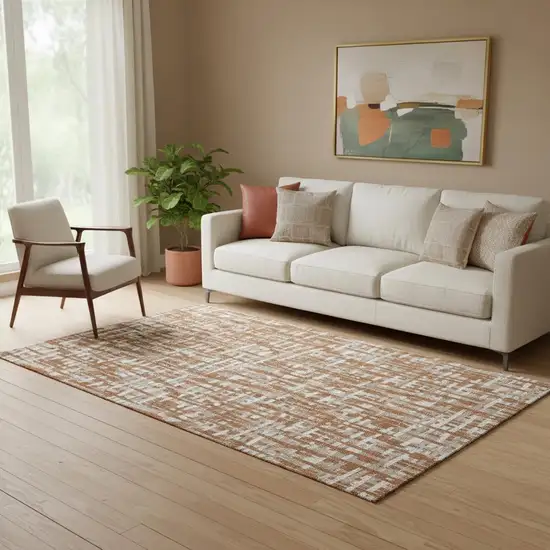 Terra Cotta Ivory And Beige Abstract Geometric Washable Area Rug With UV Protection Photo 2
