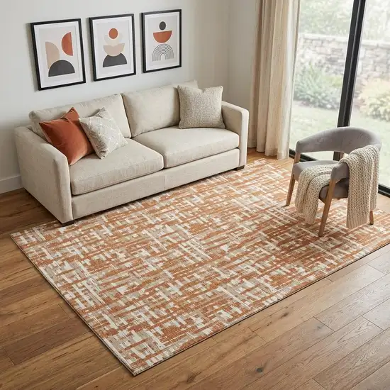 Terra Cotta Ivory And Beige Abstract Geometric Washable Area Rug With UV Protection Photo 1