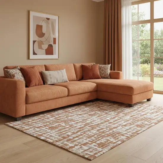 Terra Cotta Ivory And Beige Abstract Geometric Washable Area Rug With UV Protection Photo 2